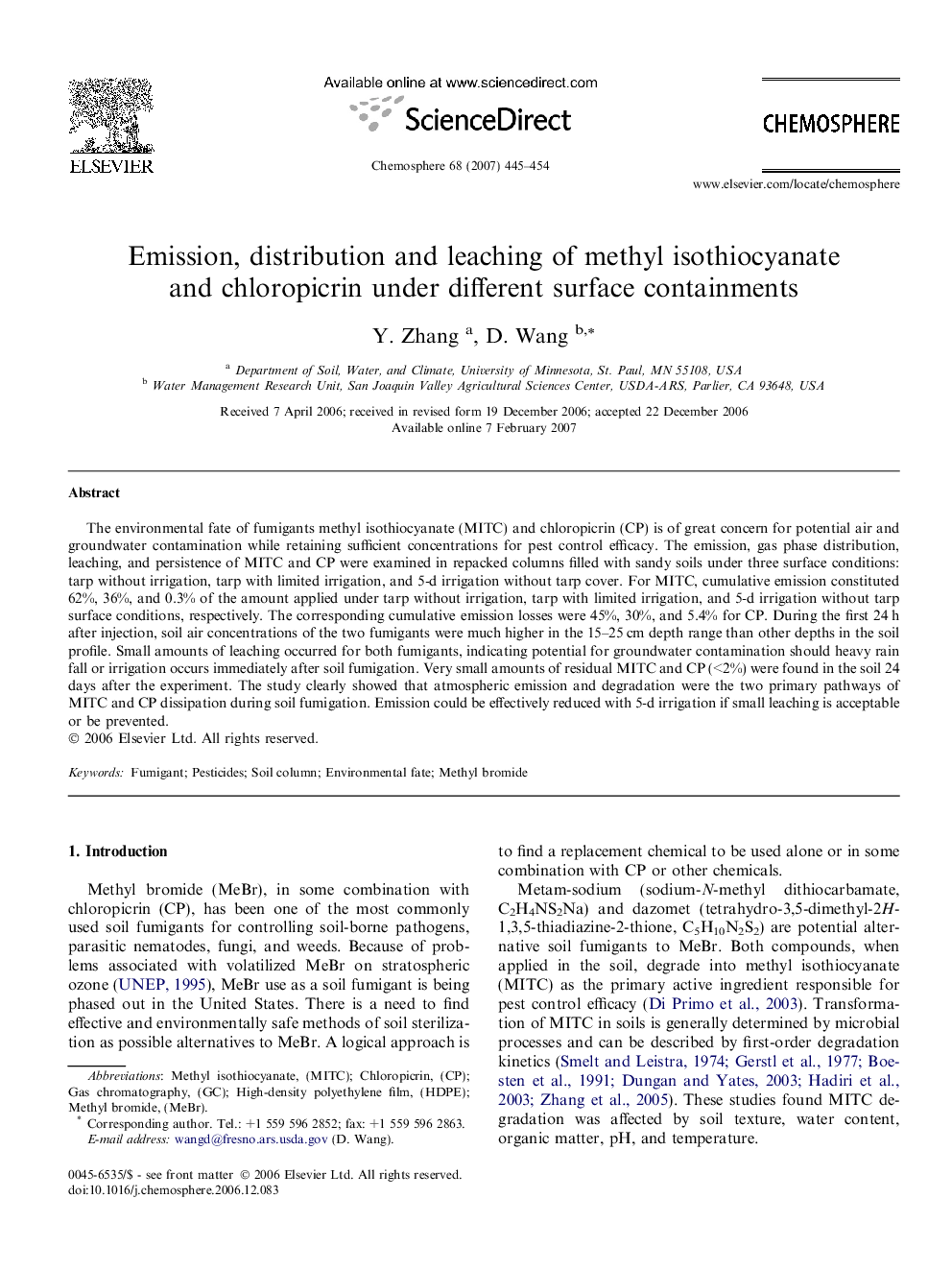 Emission, distribution and leaching of methyl isothiocyanate and chloropicrin under different surface containments