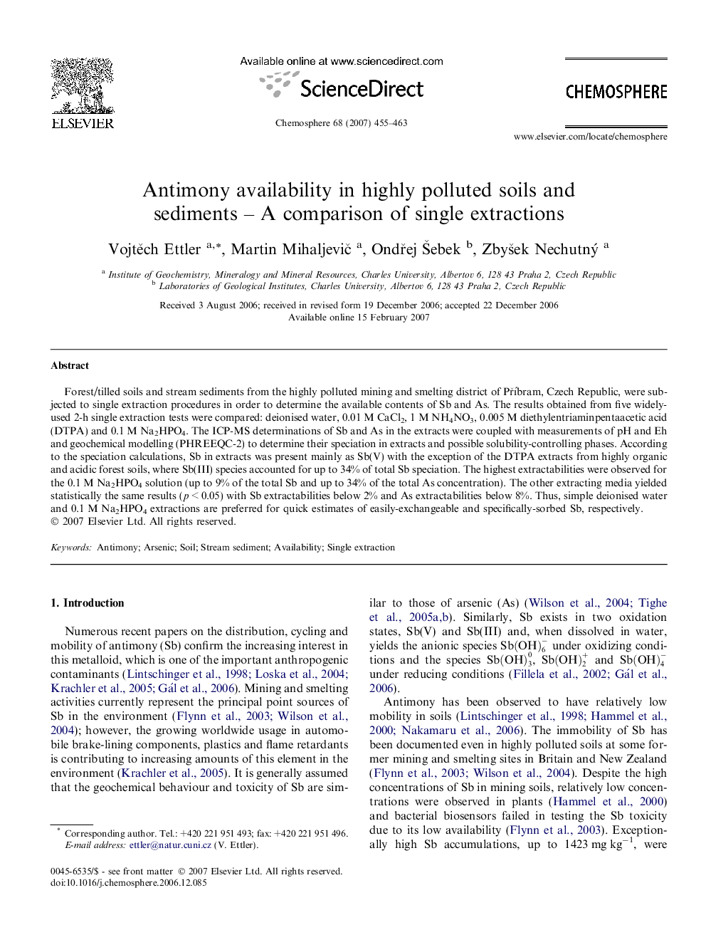 Antimony availability in highly polluted soils and sediments – A comparison of single extractions