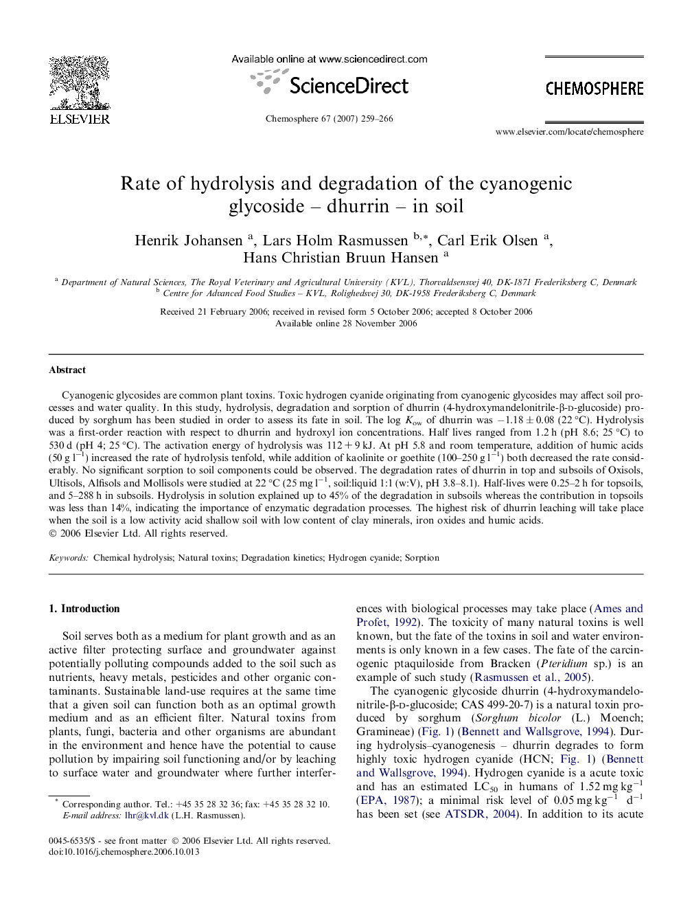 Rate of hydrolysis and degradation of the cyanogenic glycoside – dhurrin – in soil