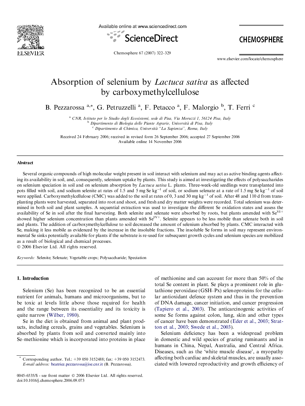 Absorption of selenium by Lactuca sativa as affected by carboxymethylcellulose