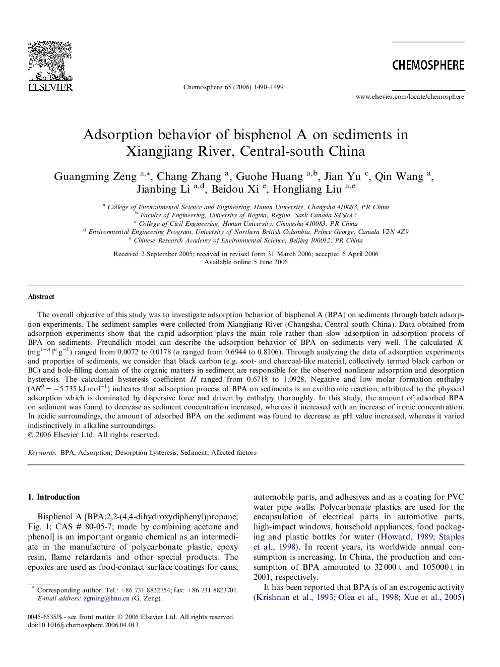 Adsorption behavior of bisphenol A on sediments in Xiangjiang River, Central-south China