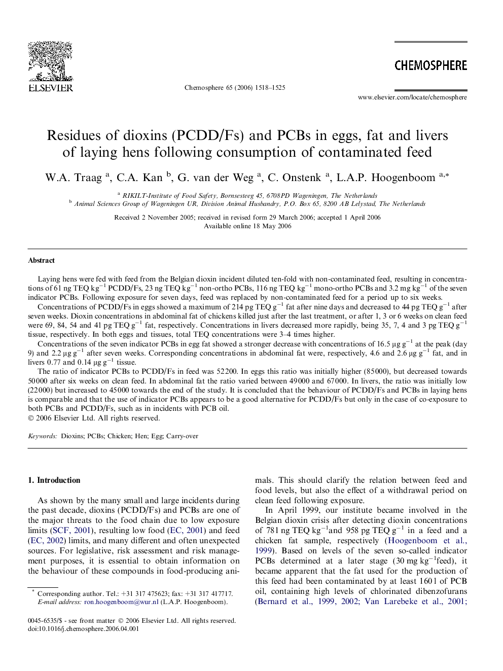 Residues of dioxins (PCDD/Fs) and PCBs in eggs, fat and livers of laying hens following consumption of contaminated feed