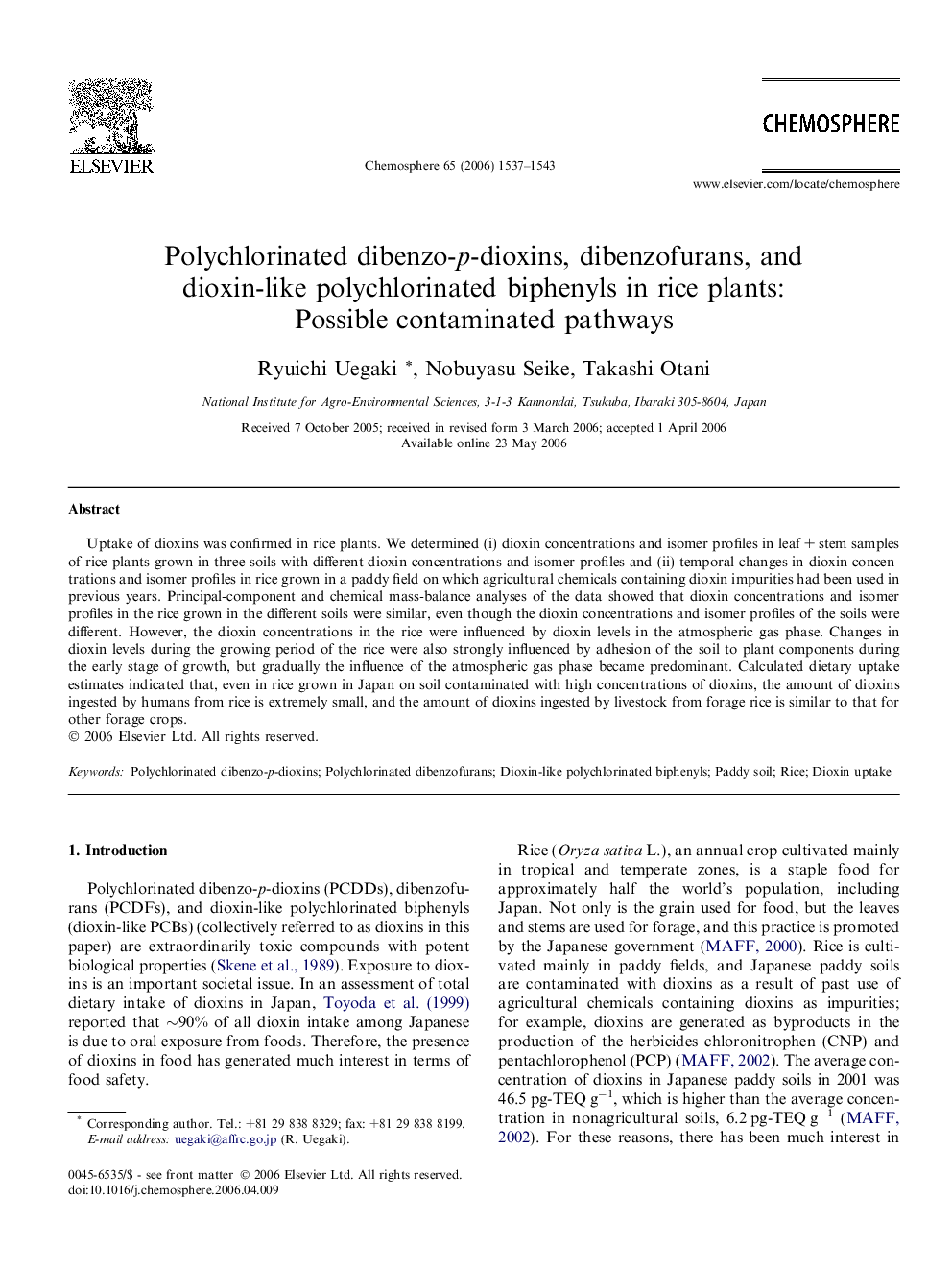 Polychlorinated dibenzo-p-dioxins, dibenzofurans, and dioxin-like polychlorinated biphenyls in rice plants: Possible contaminated pathways