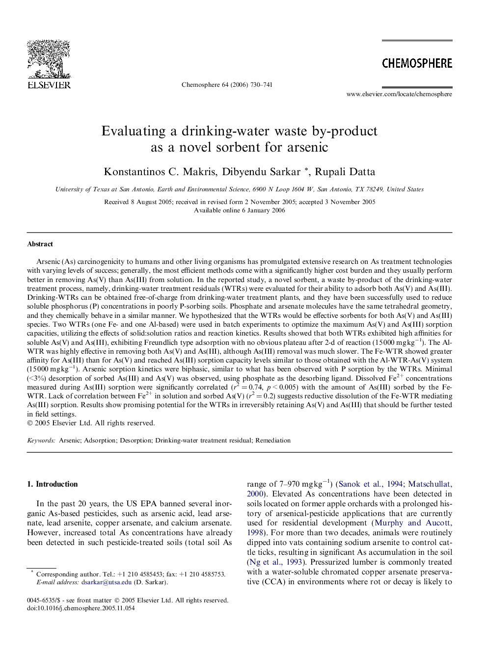 Evaluating a drinking-water waste by-product as a novel sorbent for arsenic