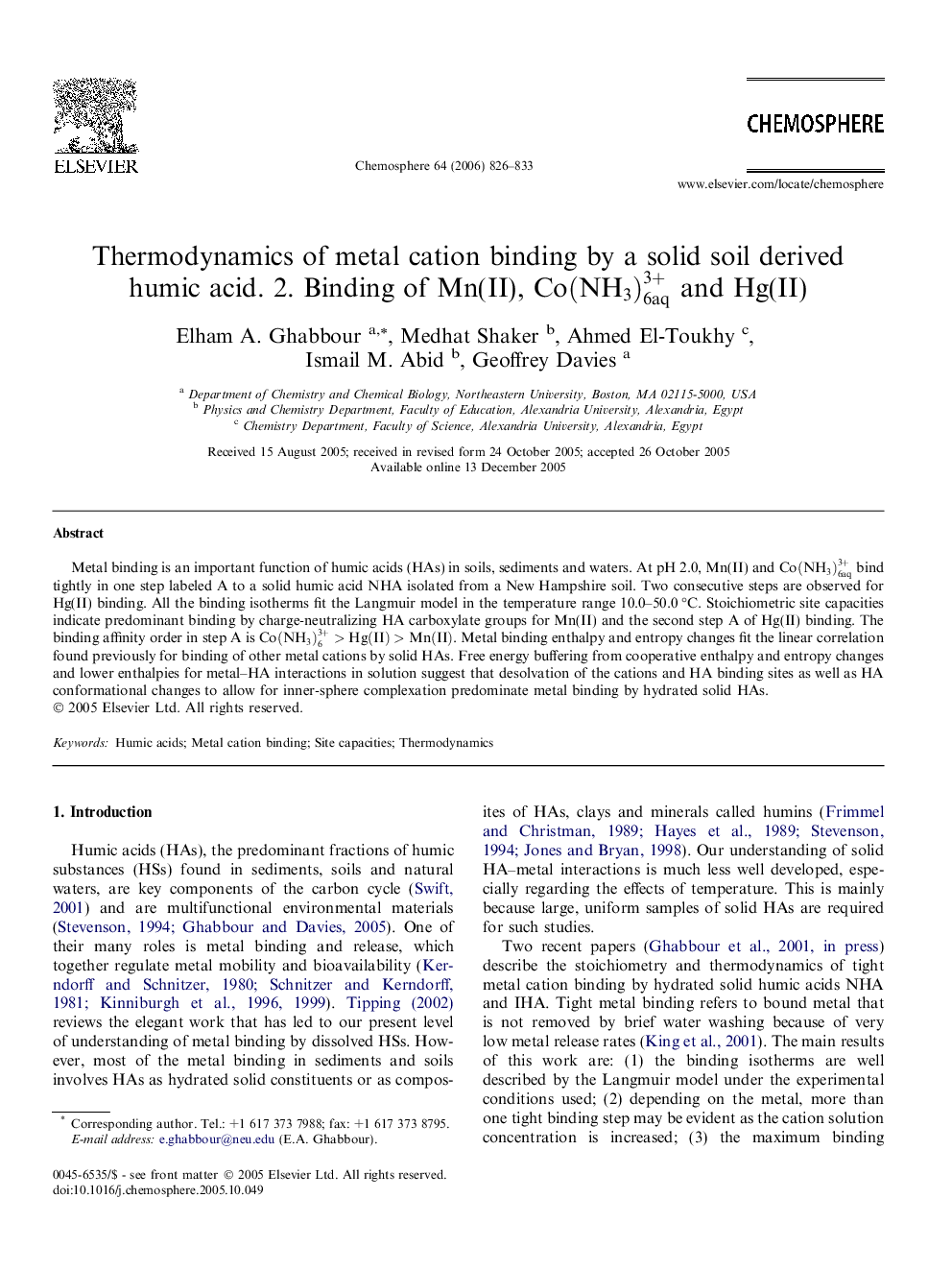 Thermodynamics of metal cation binding by a solid soil derived humic acid. 2. Binding of Mn(II), Co(NH3)6aq3+ and Hg(II)