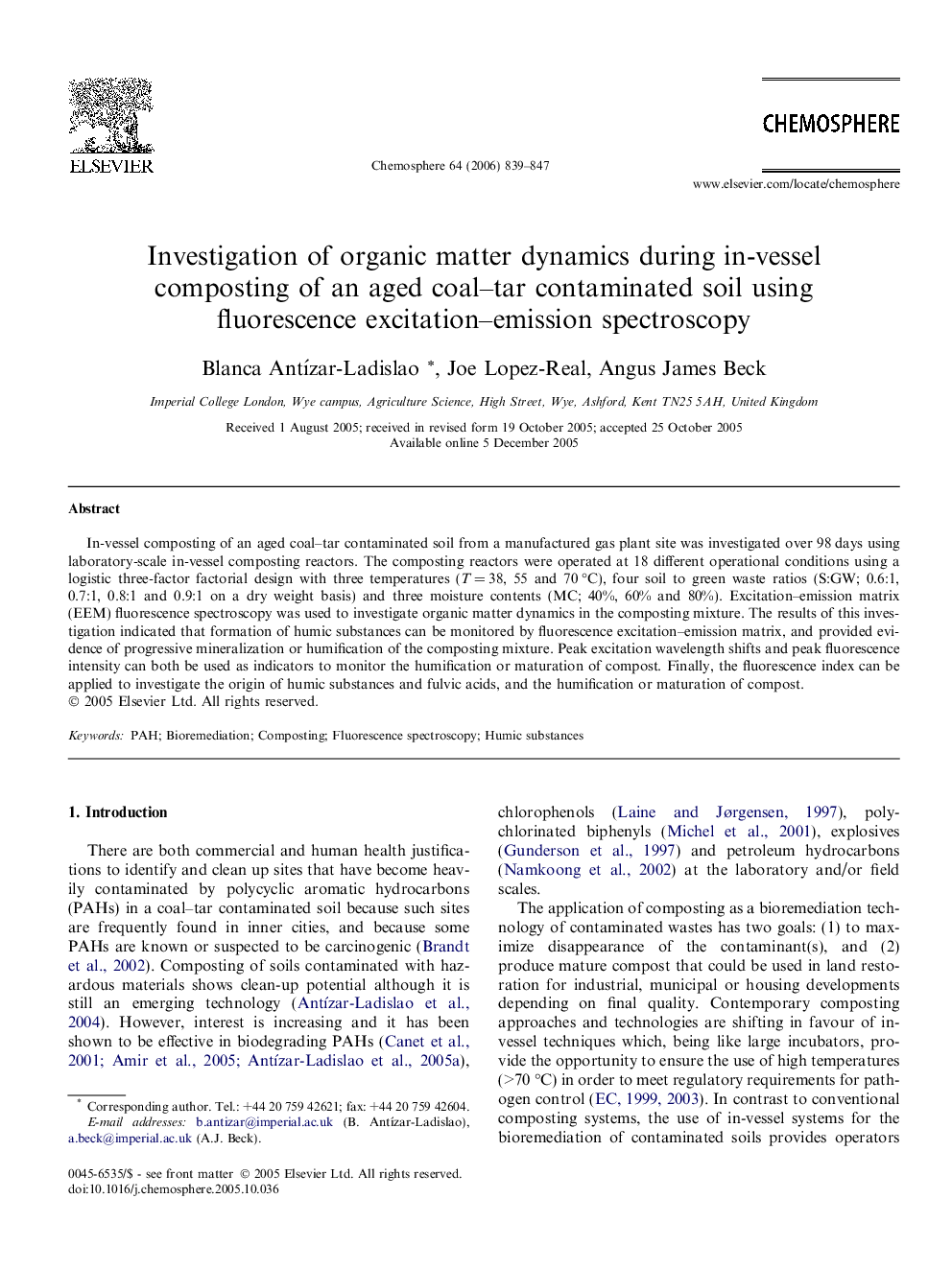 Investigation of organic matter dynamics during in-vessel composting of an aged coal–tar contaminated soil using fluorescence excitation–emission spectroscopy