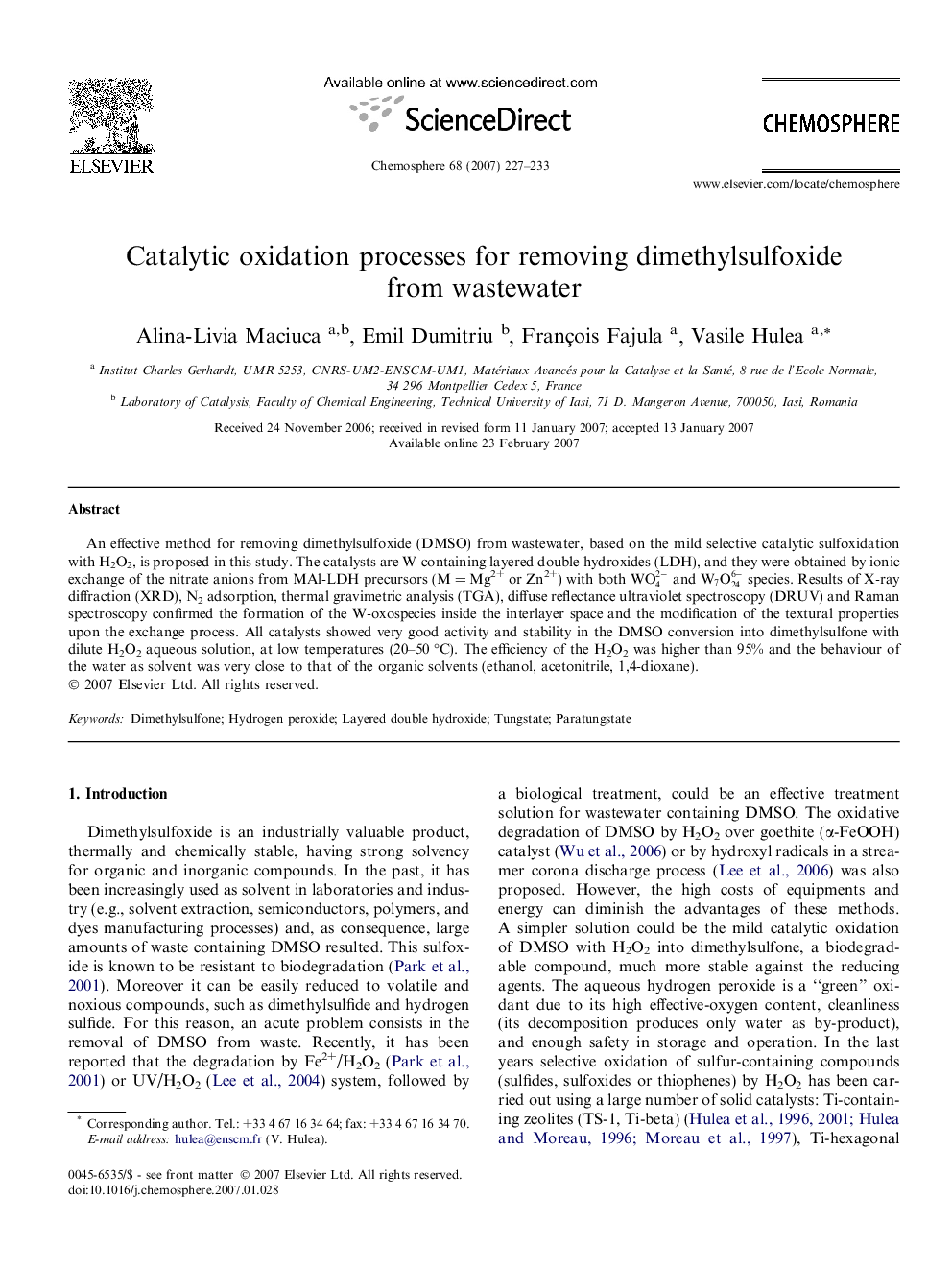 عکس صفحه اول مقاله: Catalytic oxidation processes for removing dimethylsulfoxide from wastewater Catalytic oxidation processes for removing dimethylsulfoxide from wastewater