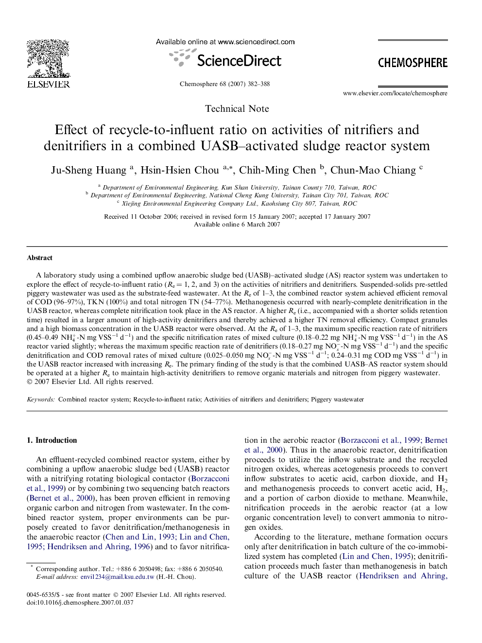 عکس صفحه اول مقاله: Effect of recycle-to-influent ratio on activities of nitrifiers and denitrifiers in a combined UASB–activated sludge reactor system Effect of recycle-to-influent ratio on activities of nitrifiers and denitrifiers in a combined UASB–activated sludge reactor system