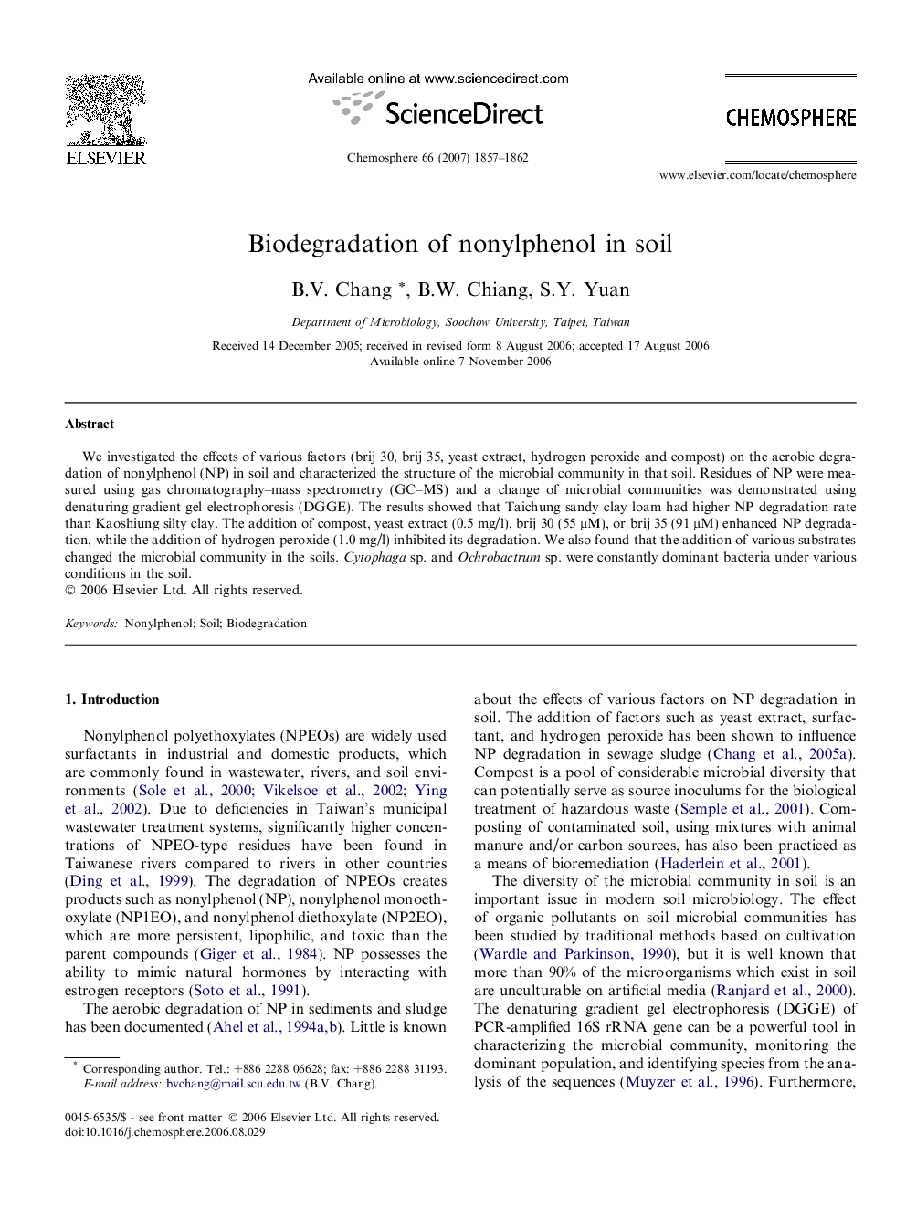 عکس صفحه اول مقاله: Biodegradation of nonylphenol in soil Biodegradation of nonylphenol in soil
