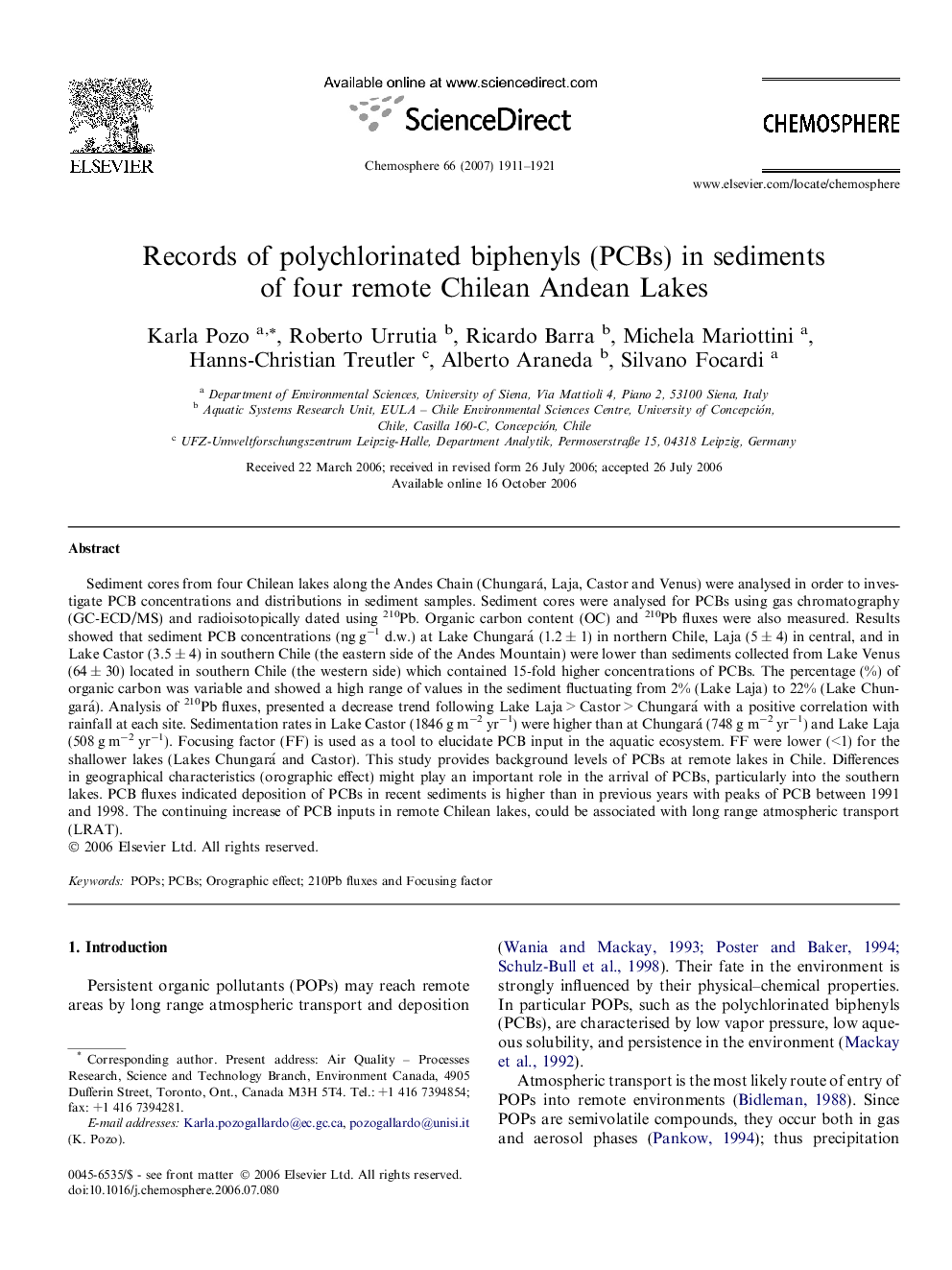 Records of polychlorinated biphenyls (PCBs) in sediments of four remote Chilean Andean Lakes