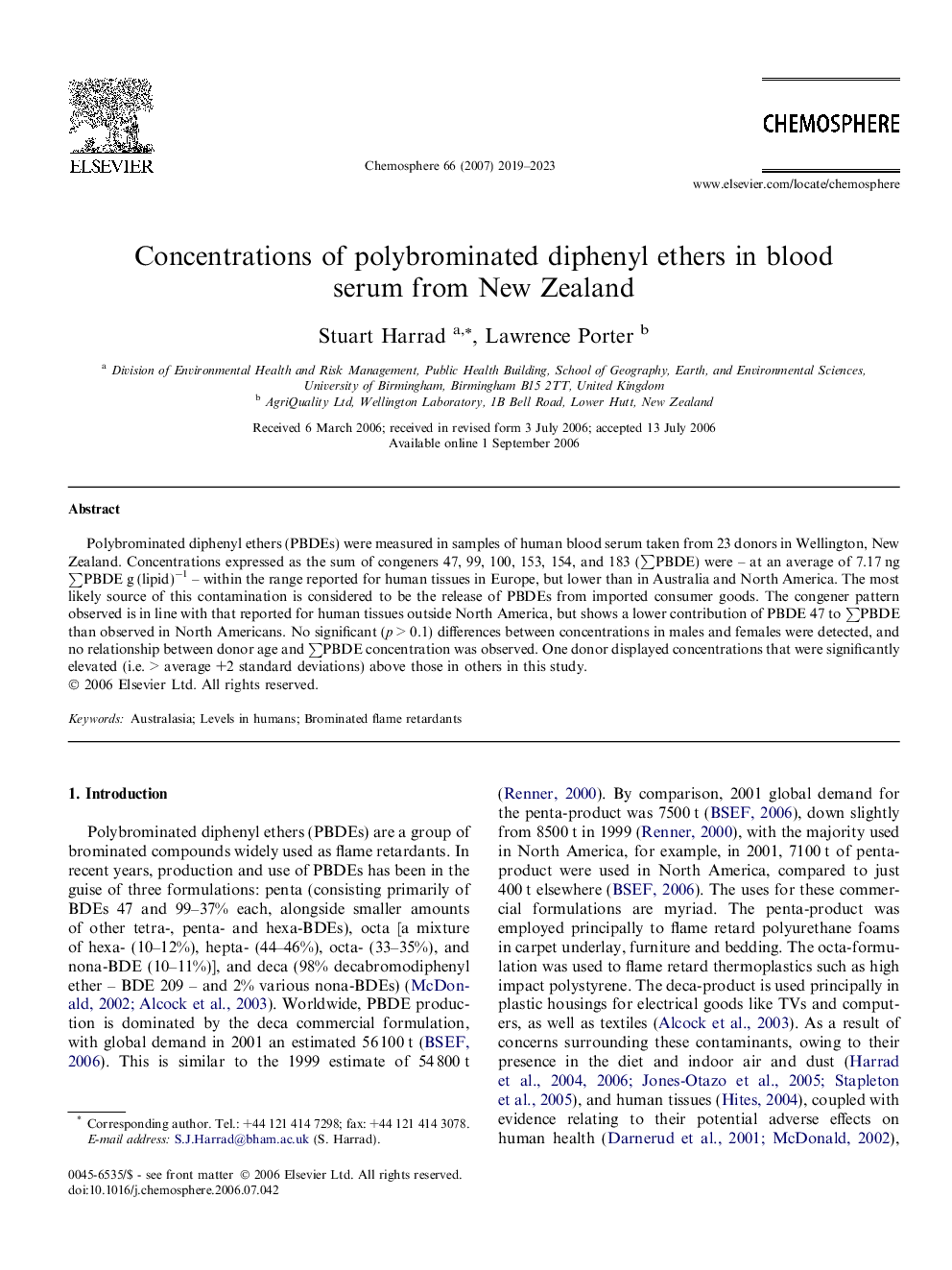 عکس صفحه اول مقاله: Concentrations of polybrominated diphenyl ethers in blood serum from New Zealand Concentrations of polybrominated diphenyl ethers in blood serum from New Zealand