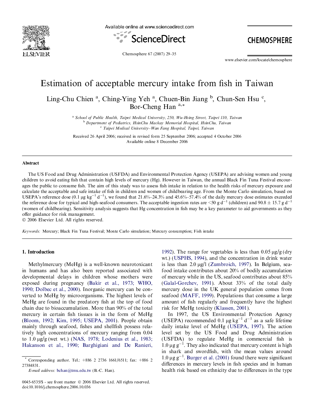 Estimation of acceptable mercury intake from fish in Taiwan