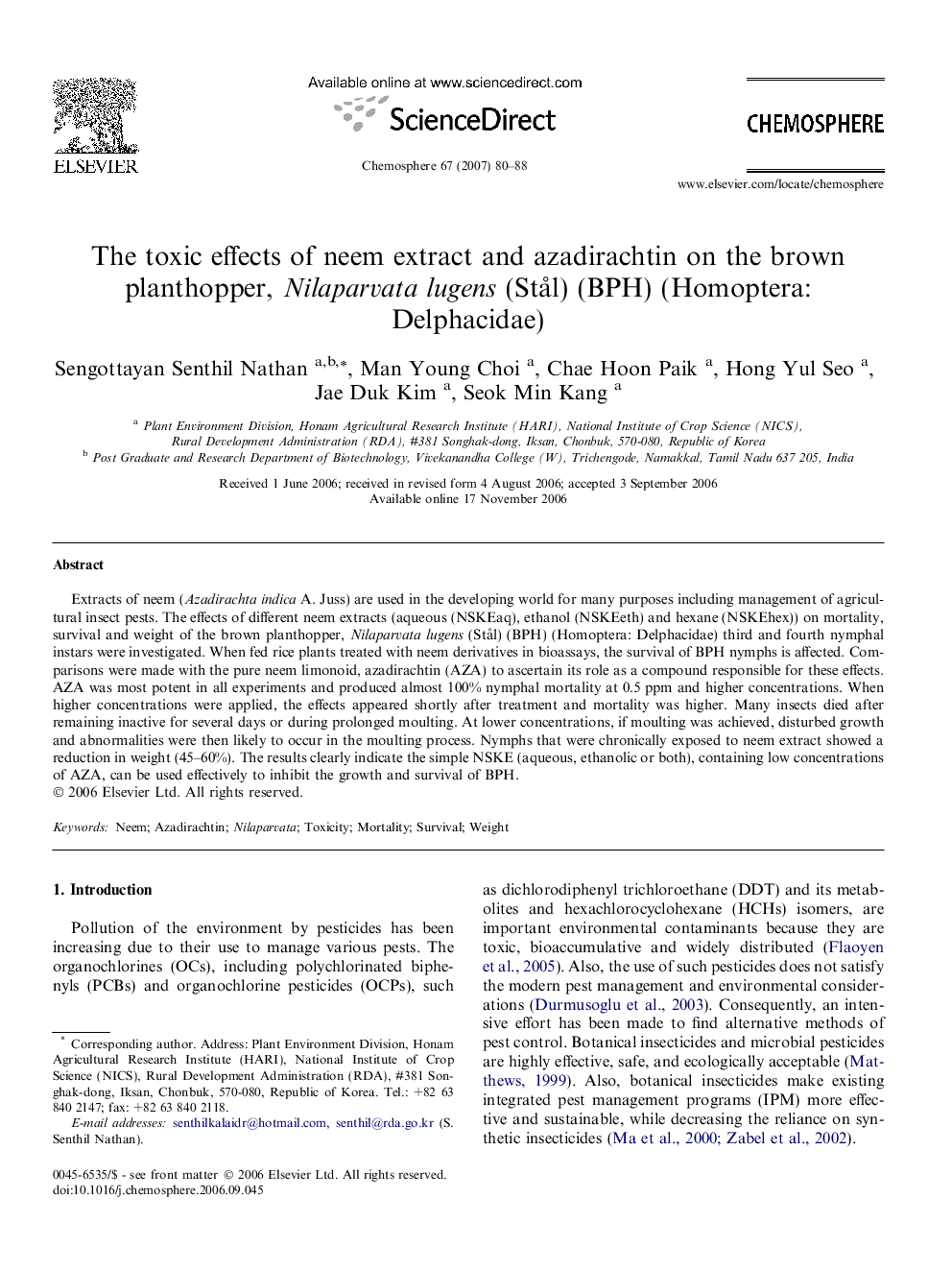 The toxic effects of neem extract and azadirachtin on the brown planthopper, Nilaparvata lugens (Stål) (BPH) (Homoptera: Delphacidae)