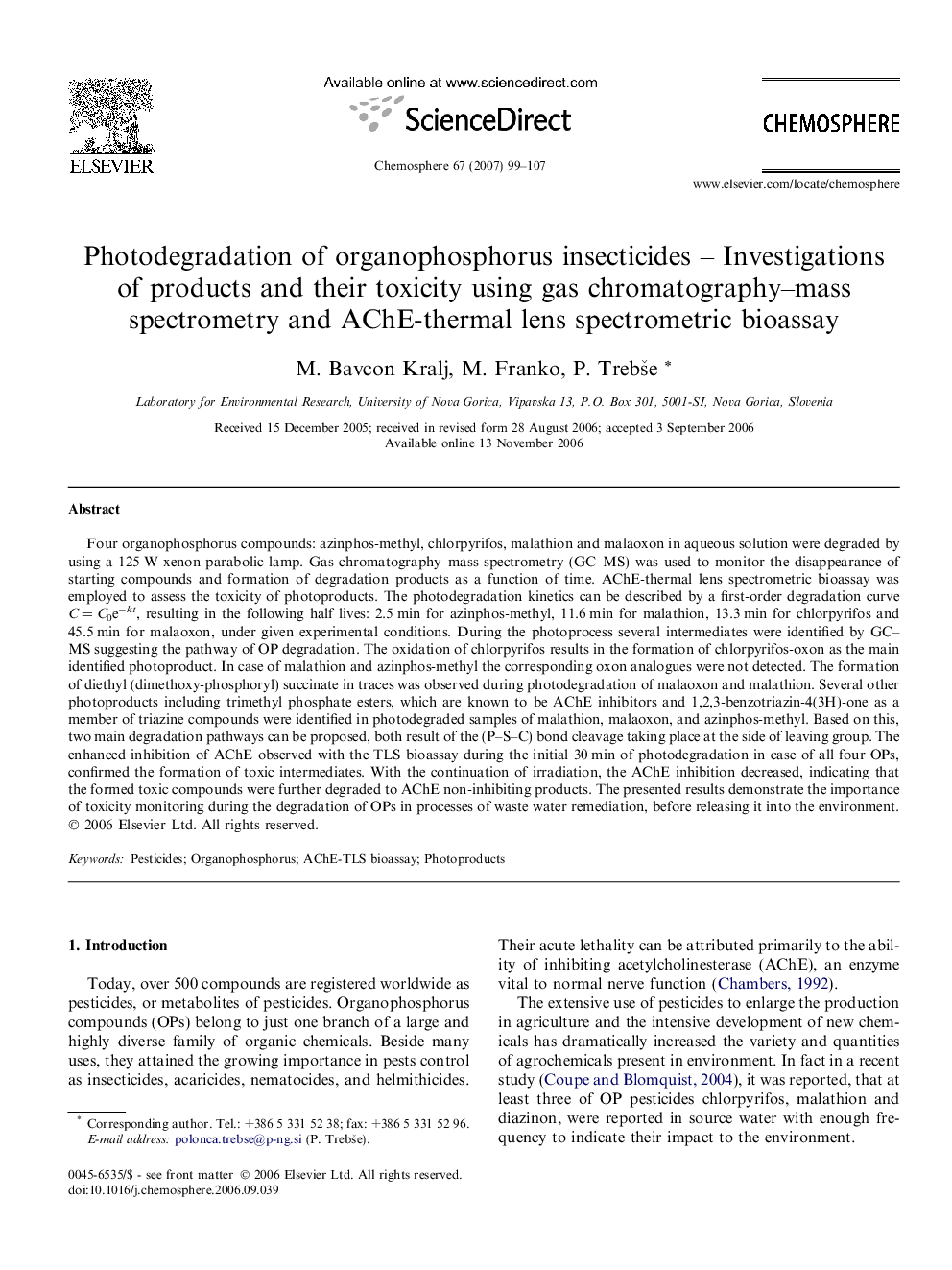 Photodegradation of organophosphorus insecticides – Investigations of products and their toxicity using gas chromatography–mass spectrometry and AChE-thermal lens spectrometric bioassay