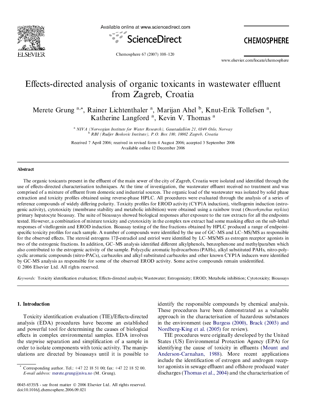 Effects-directed analysis of organic toxicants in wastewater effluent from Zagreb, Croatia