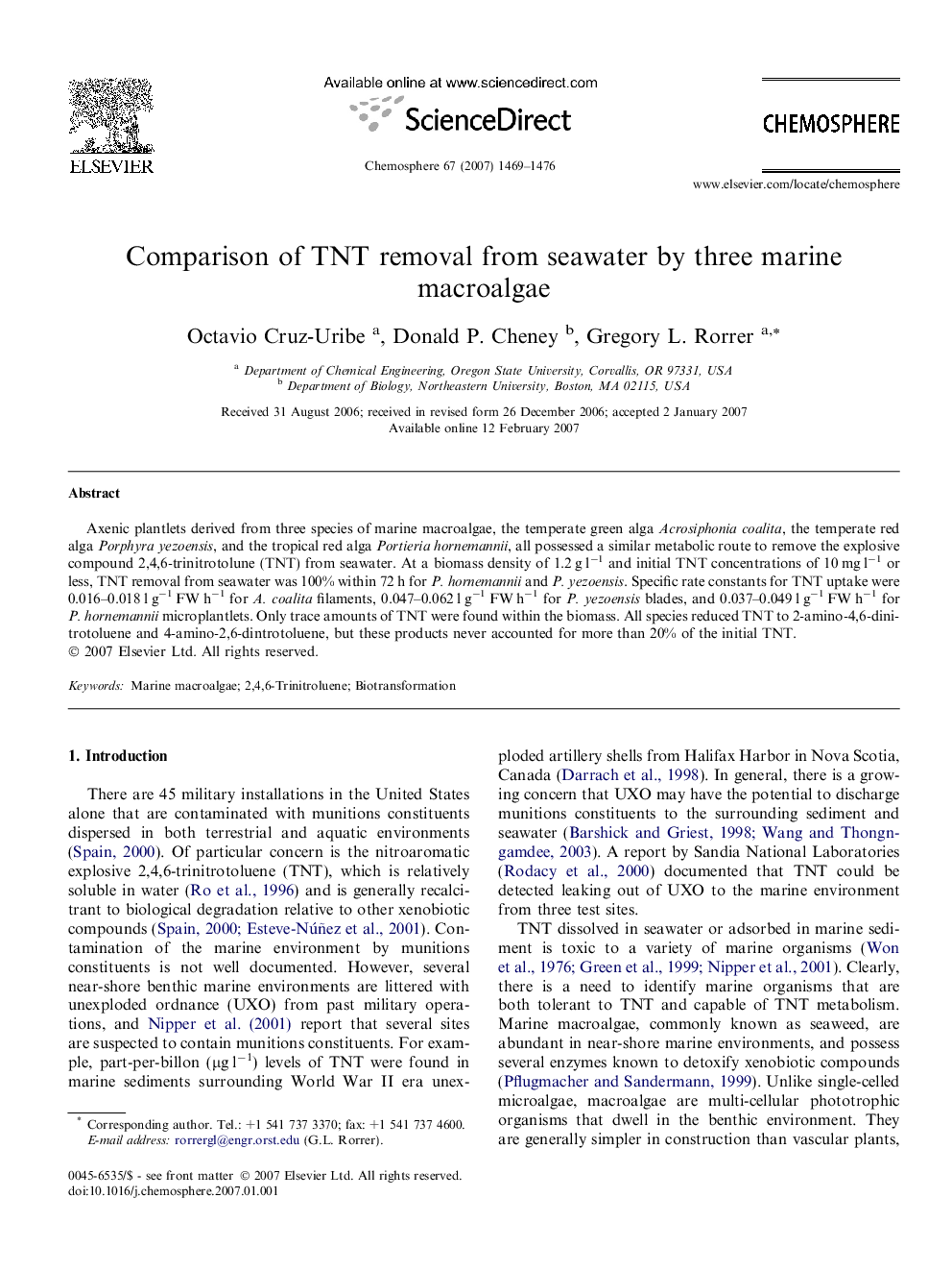 Comparison of TNT removal from seawater by three marine macroalgae