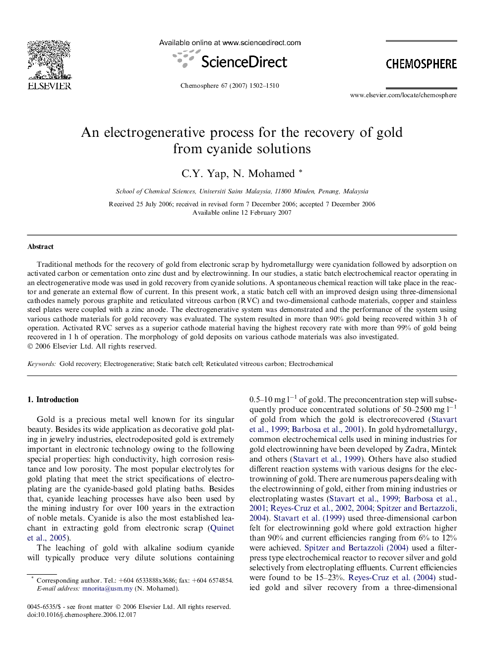 An electrogenerative process for the recovery of gold from cyanide solutions