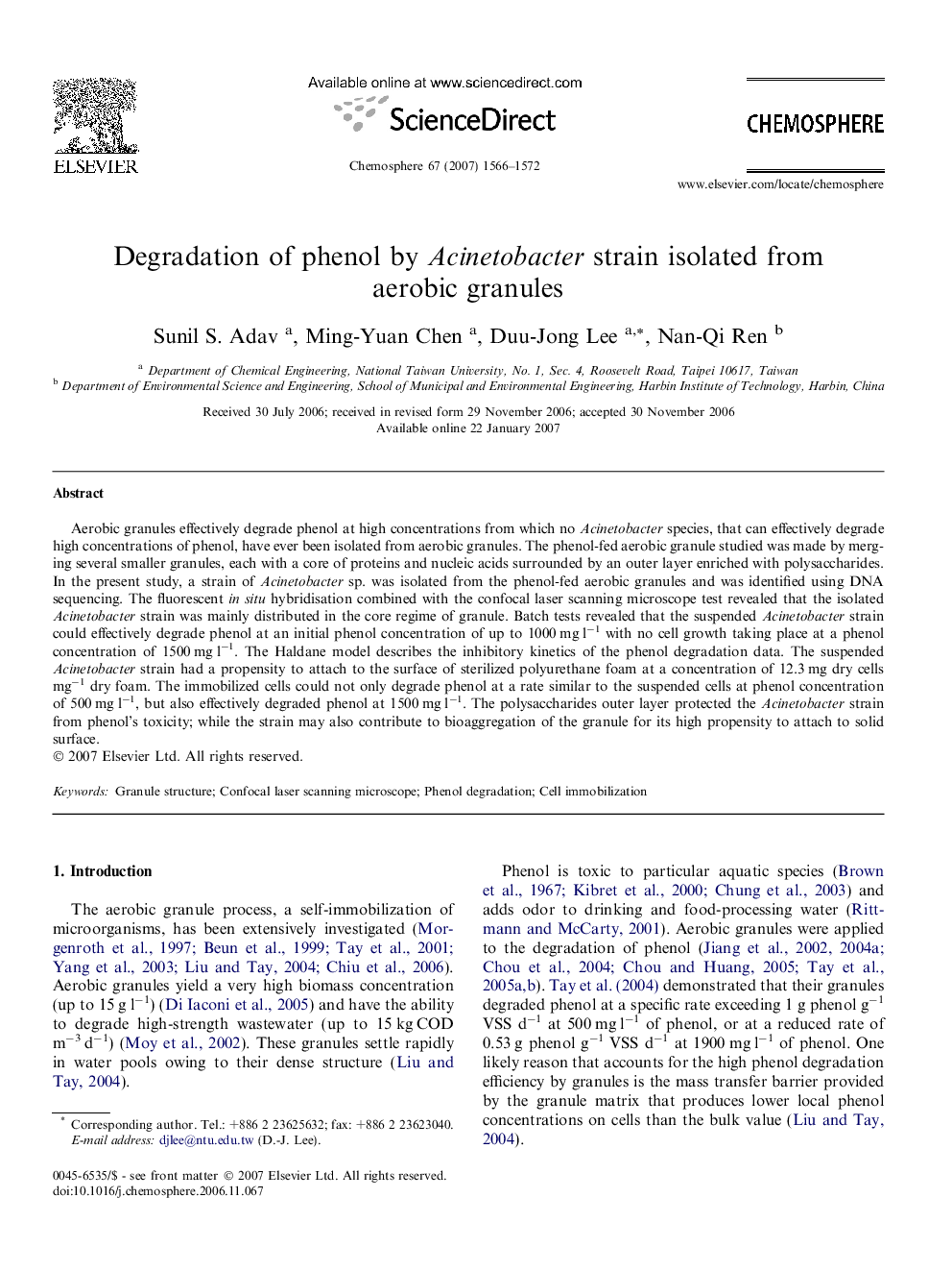 Degradation of phenol by Acinetobacter strain isolated from aerobic granules