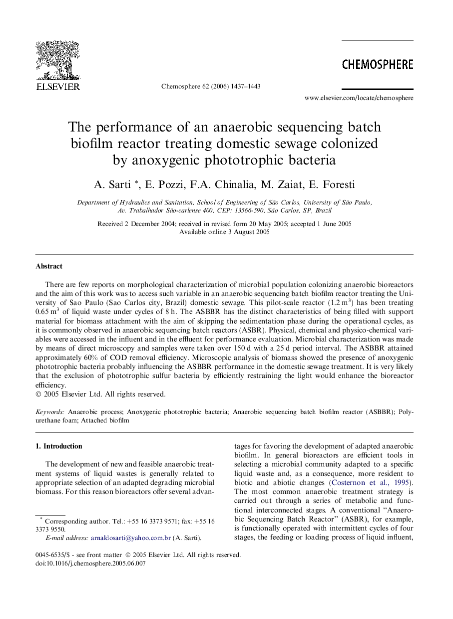 The performance of an anaerobic sequencing batch biofilm reactor treating domestic sewage colonized by anoxygenic phototrophic bacteria