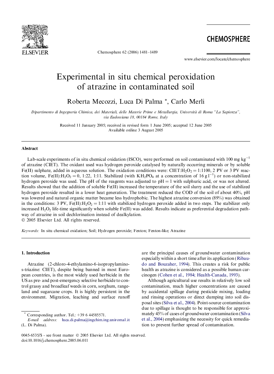 Experimental in situ chemical peroxidation of atrazine in contaminated soil