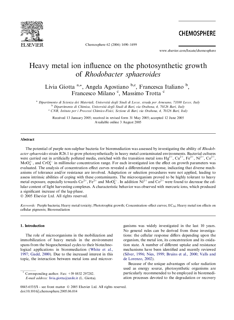 Heavy metal ion influence on the photosynthetic growth of Rhodobacter sphaeroides