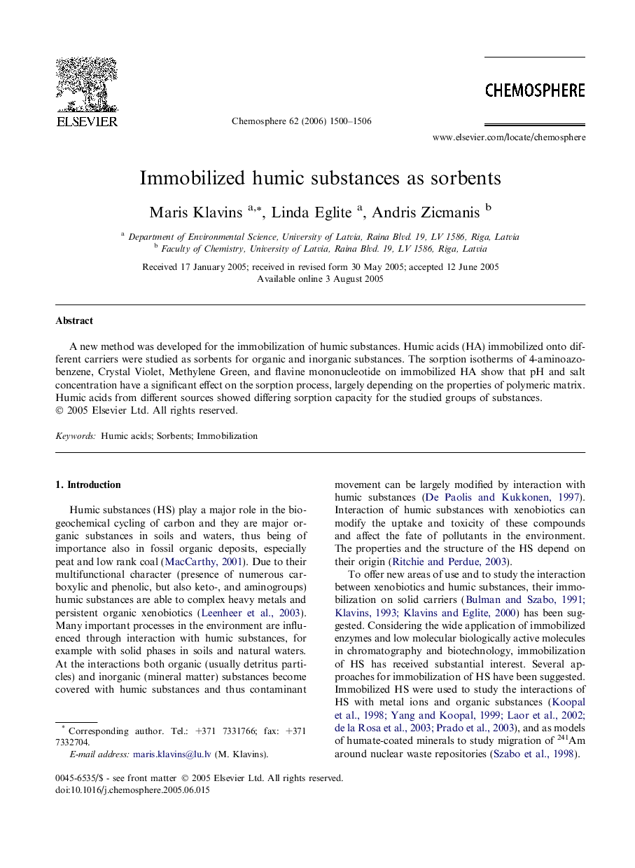 Immobilized humic substances as sorbents