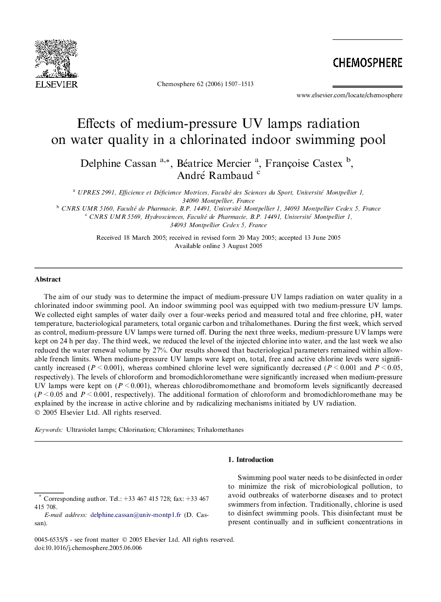 Effects of medium-pressure UV lamps radiation on water quality in a chlorinated indoor swimming pool