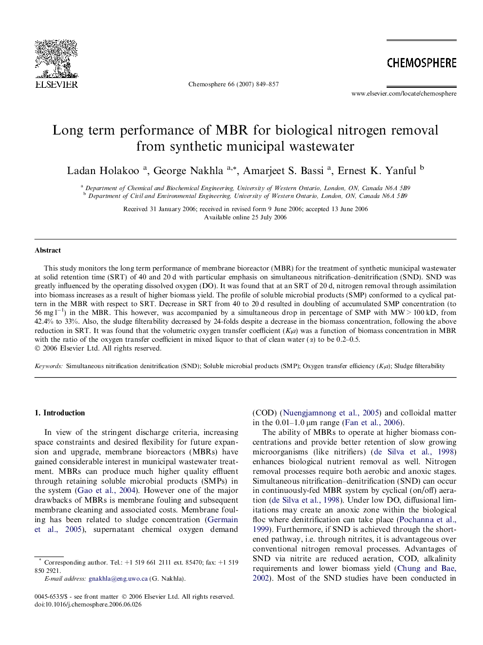 Long term performance of MBR for biological nitrogen removal from synthetic municipal wastewater