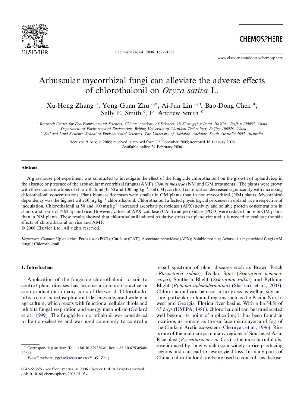 Arbuscular mycorrhizal fungi can alleviate the adverse effects of chlorothalonil on Oryza sativa L.