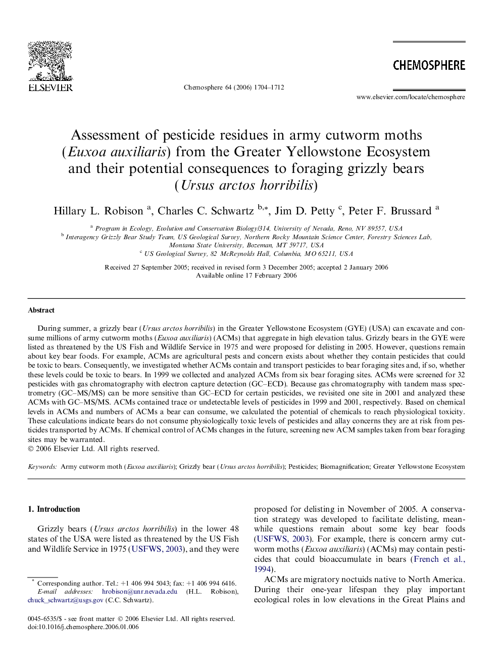 Assessment of pesticide residues in army cutworm moths (Euxoa auxiliaris) from the Greater Yellowstone Ecosystem and their potential consequences to foraging grizzly bears (Ursus arctos horribilis)