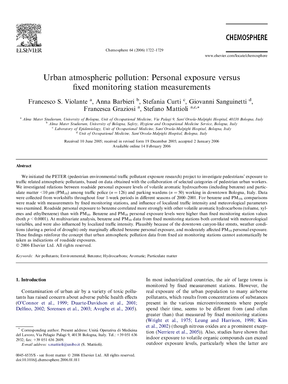 Urban atmospheric pollution: Personal exposure versus fixed monitoring station measurements