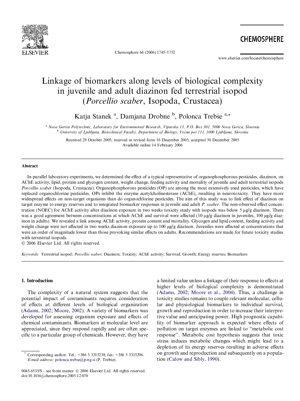 Linkage of biomarkers along levels of biological complexity in juvenile and adult diazinon fed terrestrial isopod (Porcellio scaber, Isopoda, Crustacea)