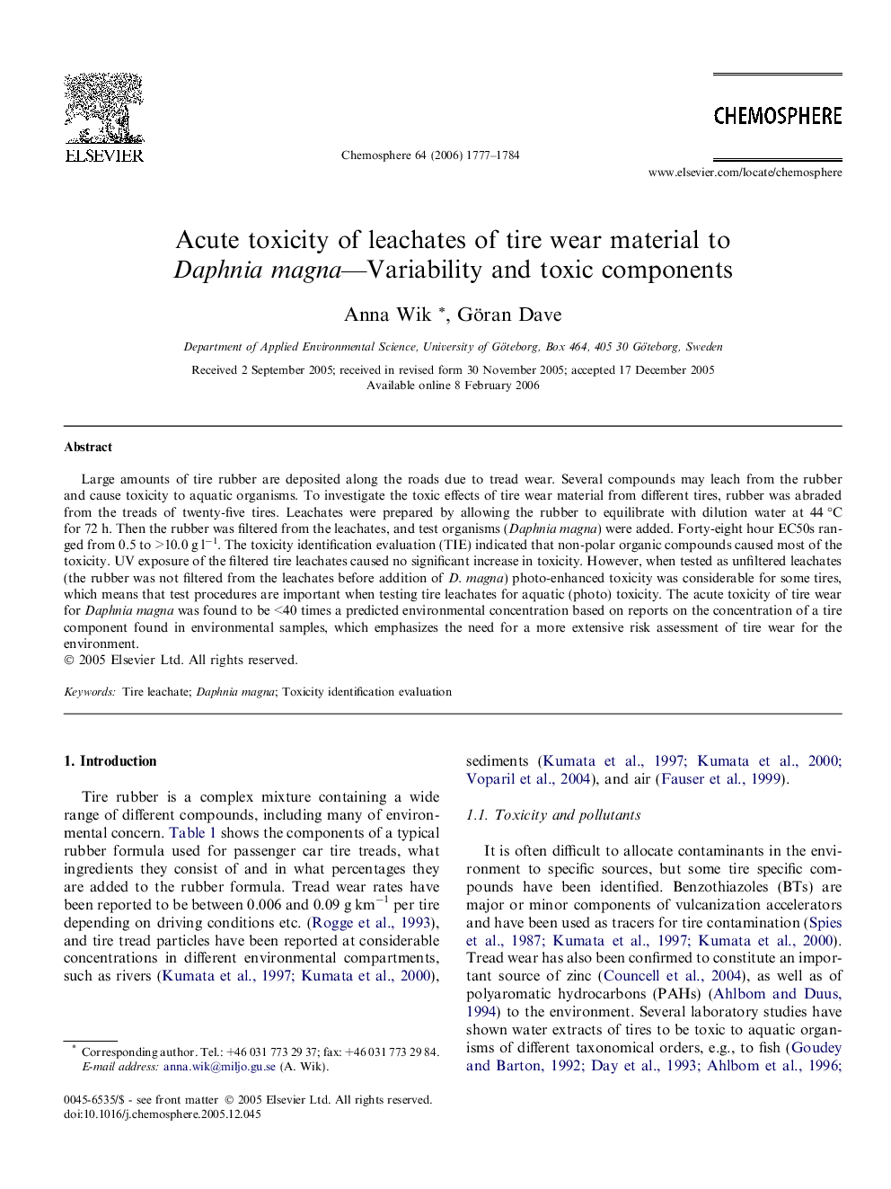 Acute toxicity of leachates of tire wear material to Daphnia magna—Variability and toxic components