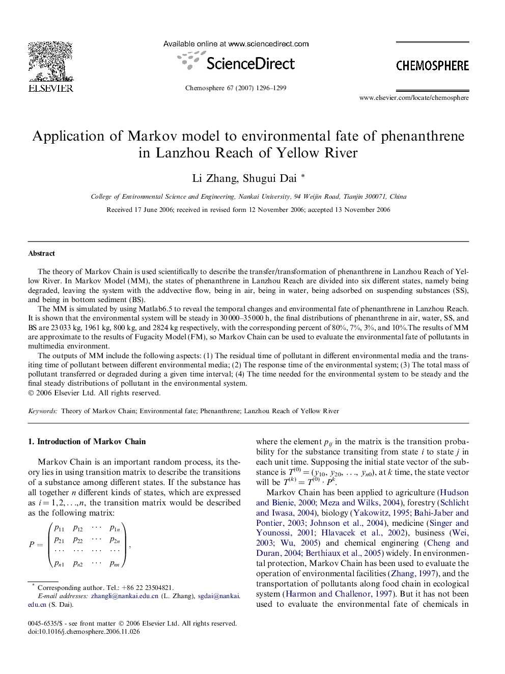 Application of Markov model to environmental fate of phenanthrene in Lanzhou Reach of Yellow River