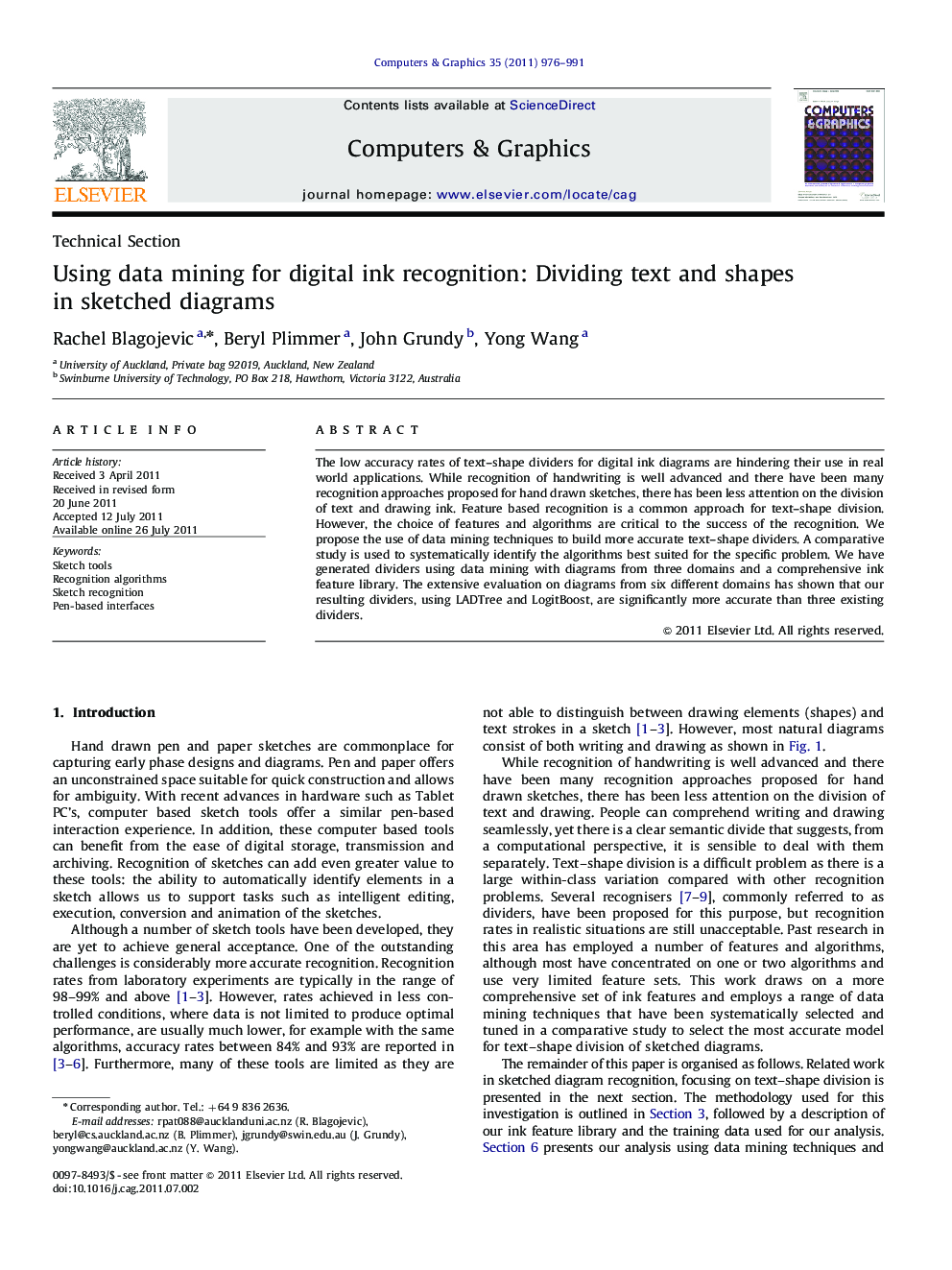 Using data mining for digital ink recognition: Dividing text and shapes in sketched diagrams