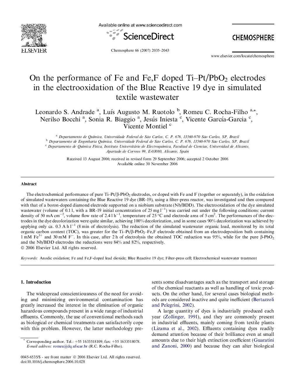 On the performance of Fe and Fe,F doped Ti–Pt/PbO2 electrodes in the electrooxidation of the Blue Reactive 19 dye in simulated textile wastewater