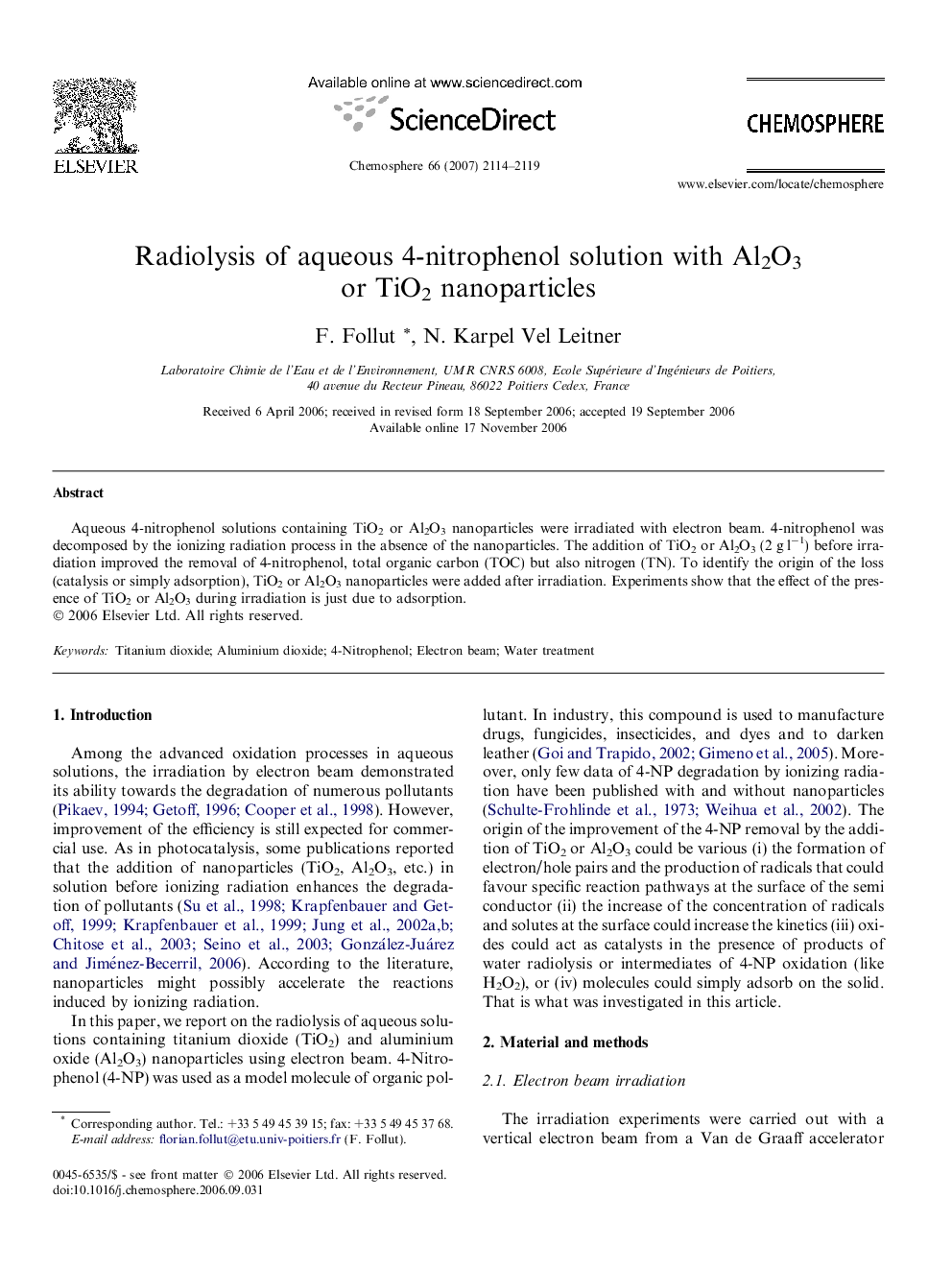 Radiolysis of aqueous 4-nitrophenol solution with Al2O3 or TiO2 nanoparticles