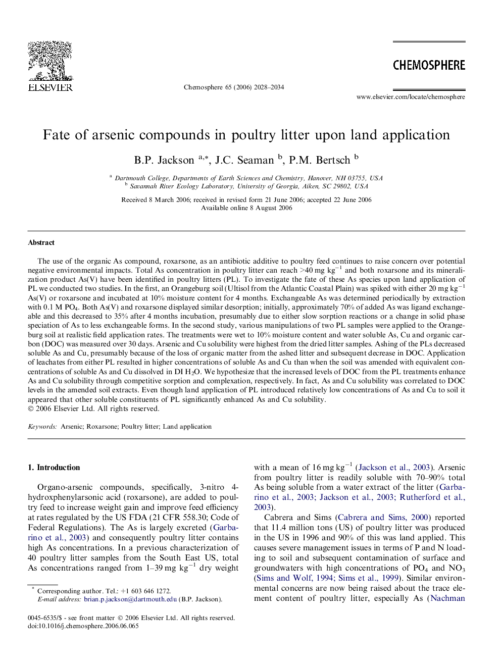 Fate of arsenic compounds in poultry litter upon land application