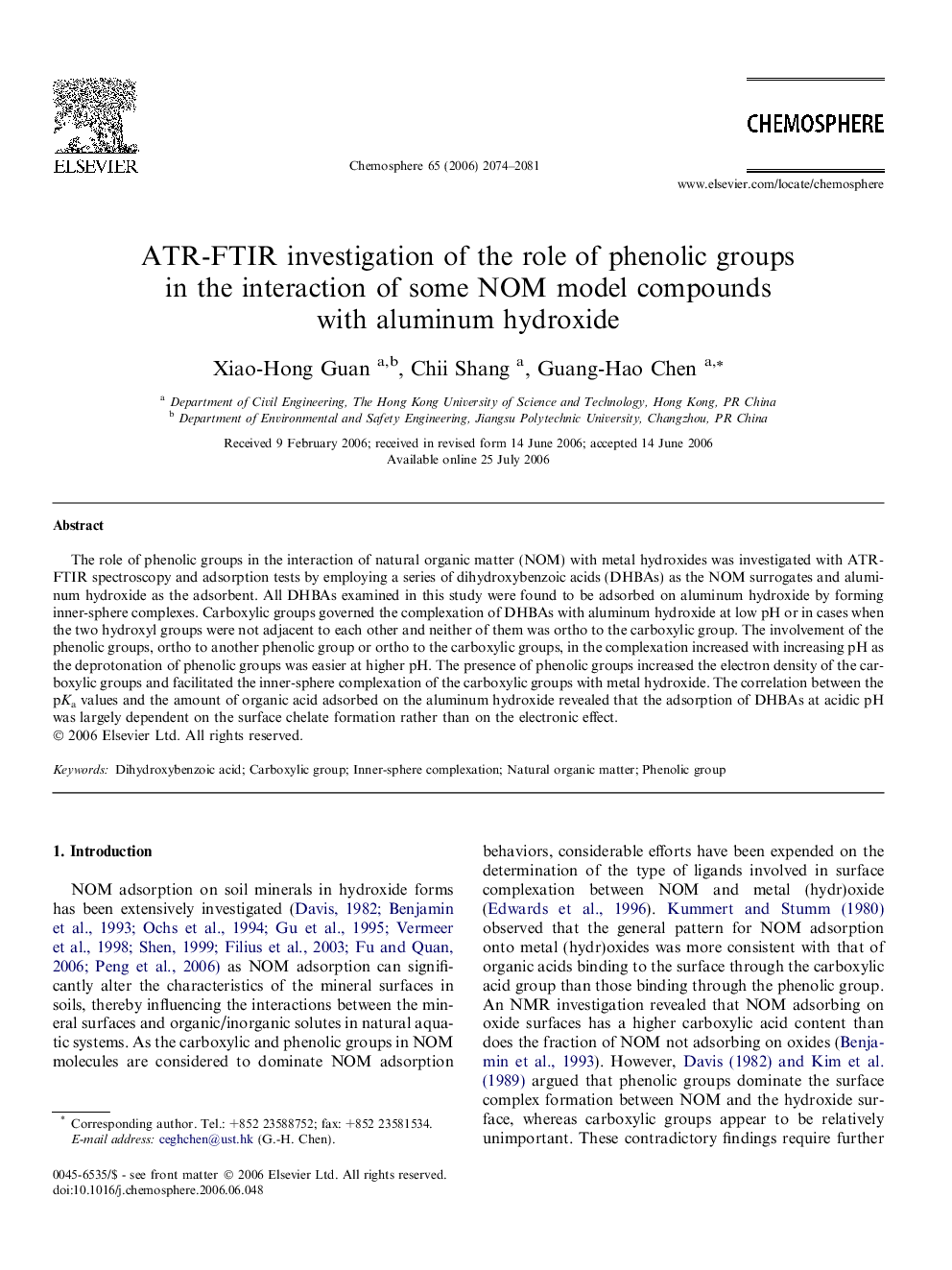 ATR-FTIR investigation of the role of phenolic groups in the interaction of some NOM model compounds with aluminum hydroxide