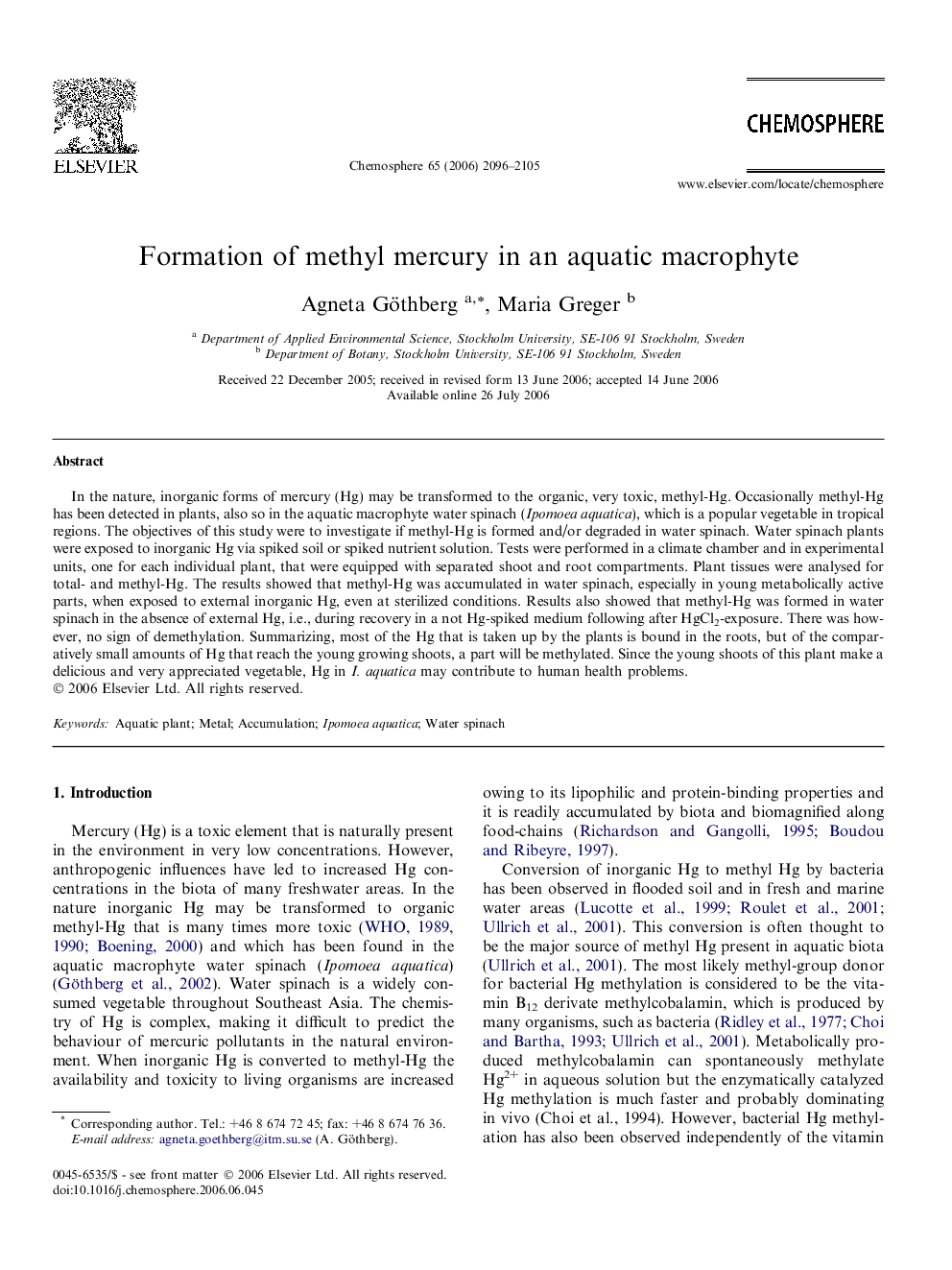 Formation of methyl mercury in an aquatic macrophyte