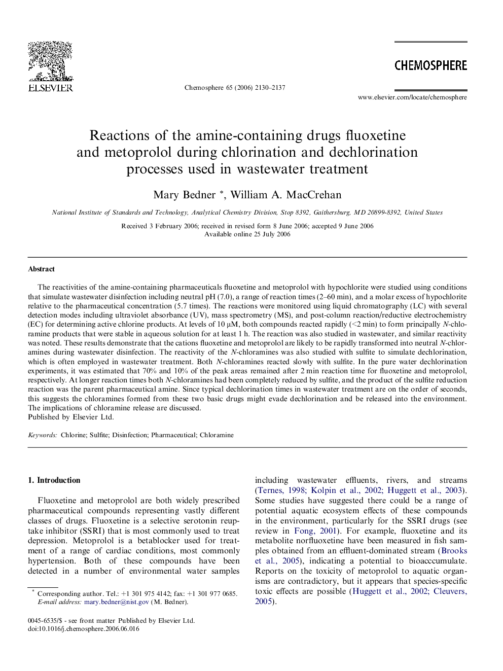 Reactions of the amine-containing drugs fluoxetine and metoprolol during chlorination and dechlorination processes used in wastewater treatment