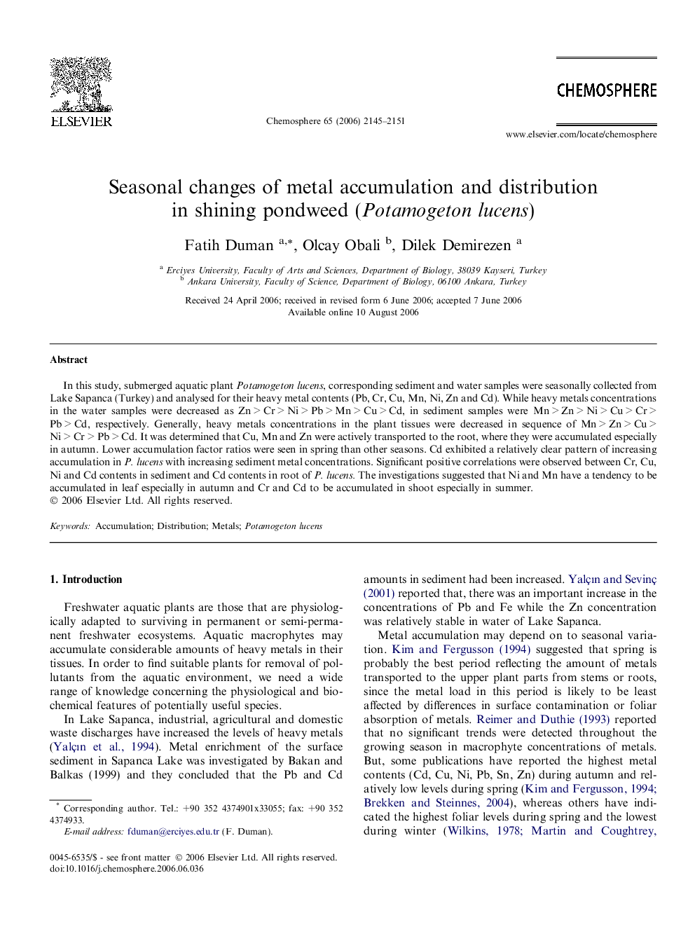 Seasonal changes of metal accumulation and distribution in shining pondweed (Potamogeton lucens)