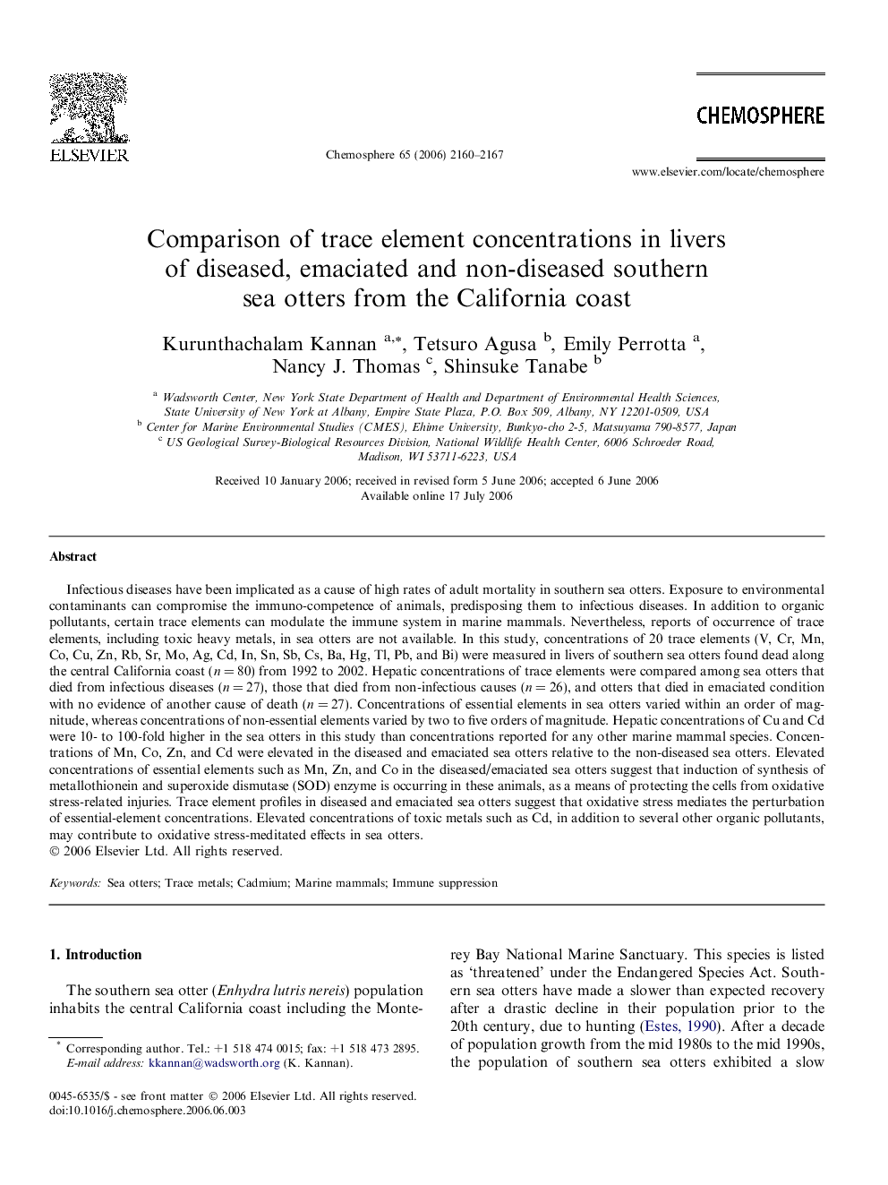 Comparison of trace element concentrations in livers of diseased, emaciated and non-diseased southern sea otters from the California coast