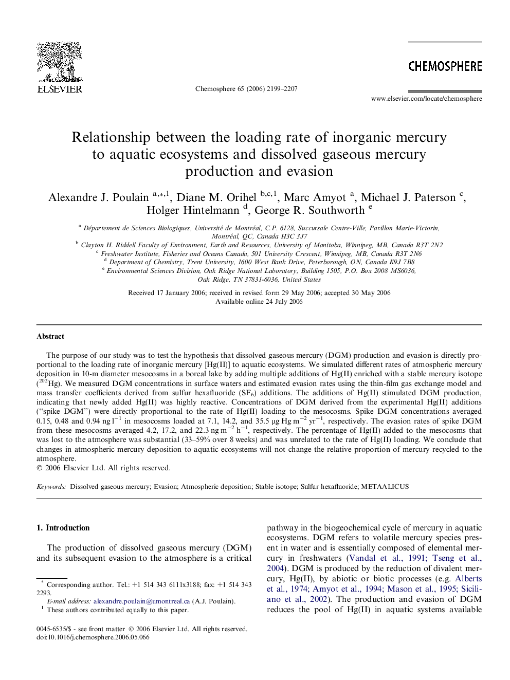 Relationship between the loading rate of inorganic mercury to aquatic ecosystems and dissolved gaseous mercury production and evasion