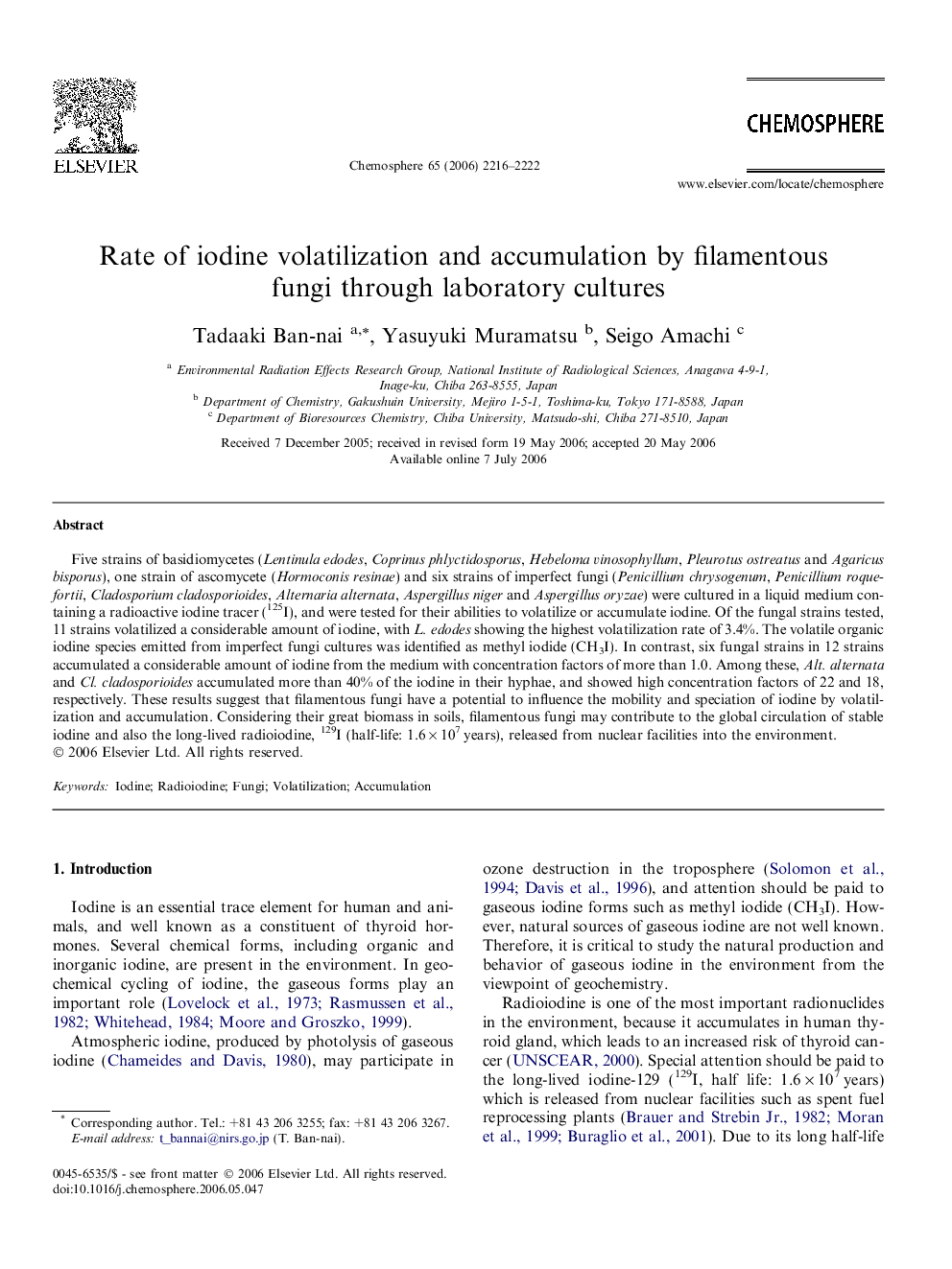 Rate of iodine volatilization and accumulation by filamentous fungi through laboratory cultures