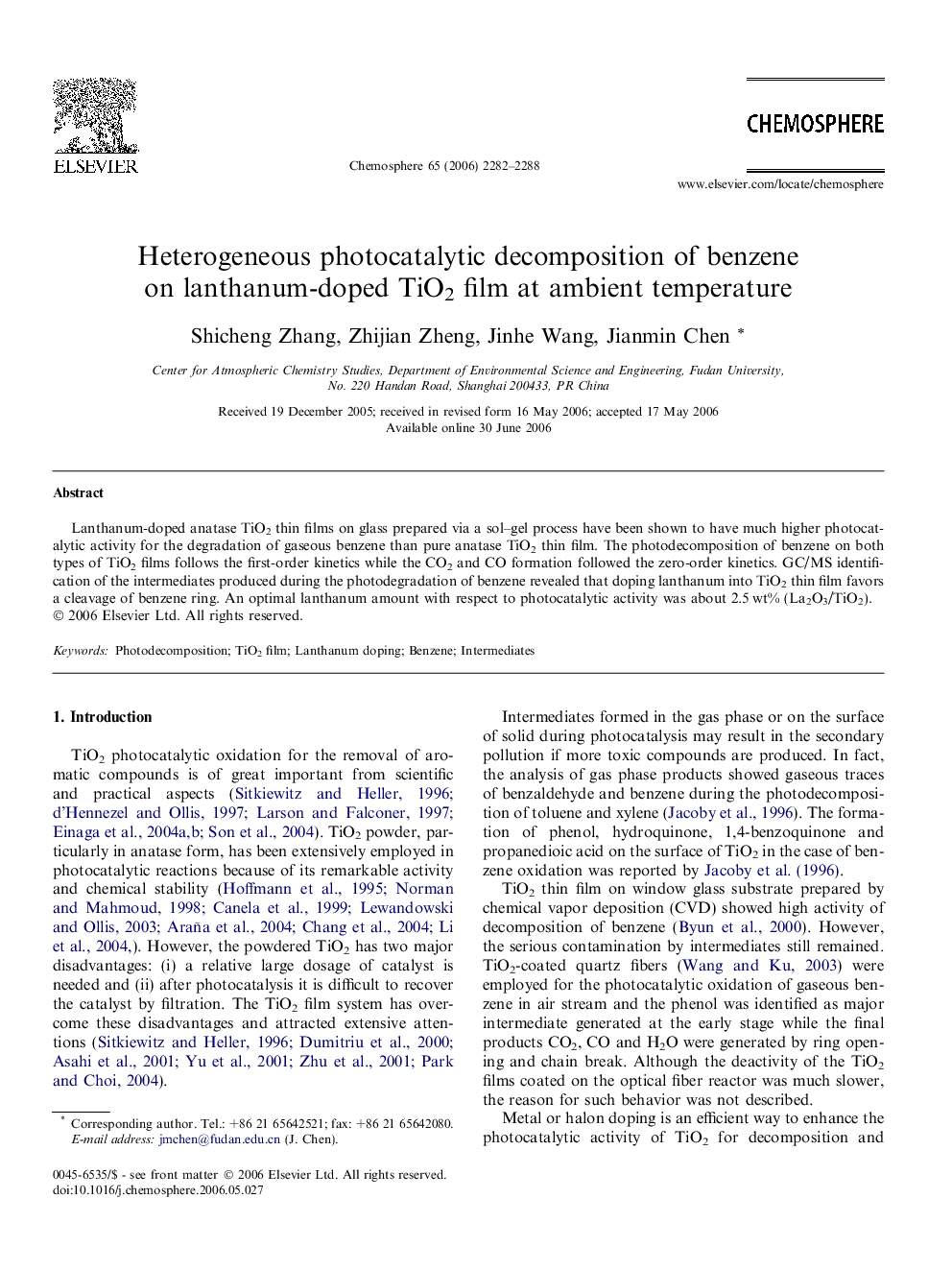 Heterogeneous photocatalytic decomposition of benzene on lanthanum-doped TiO2 film at ambient temperature