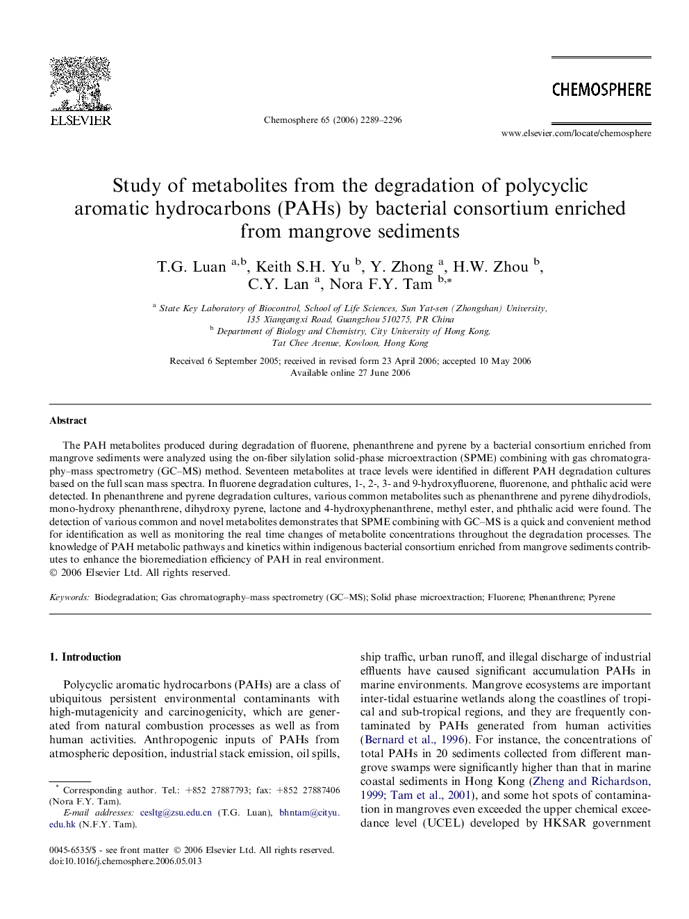 عکس صفحه اول مقاله: Study of metabolites from the degradation of polycyclic aromatic hydrocarbons (PAHs) by bacterial consortium enriched from mangrove sediments Study of metabolites from the degradation of polycyclic aromatic hydrocarbons (PAHs) by bacterial consortium enriched from mangrove sediments