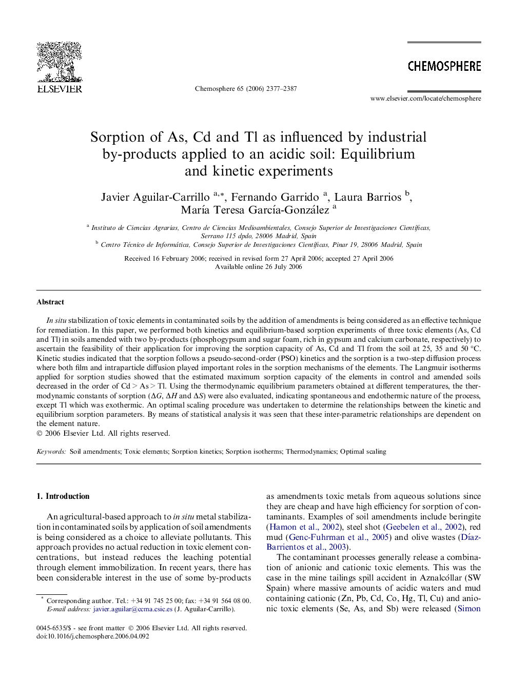 Sorption of As, Cd and Tl as influenced by industrial by-products applied to an acidic soil: Equilibrium and kinetic experiments