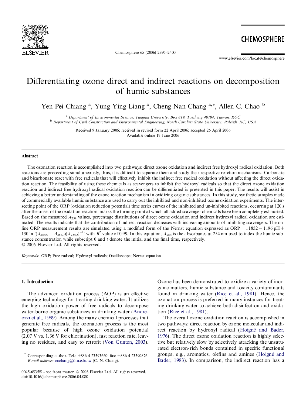 Differentiating ozone direct and indirect reactions on decomposition of humic substances