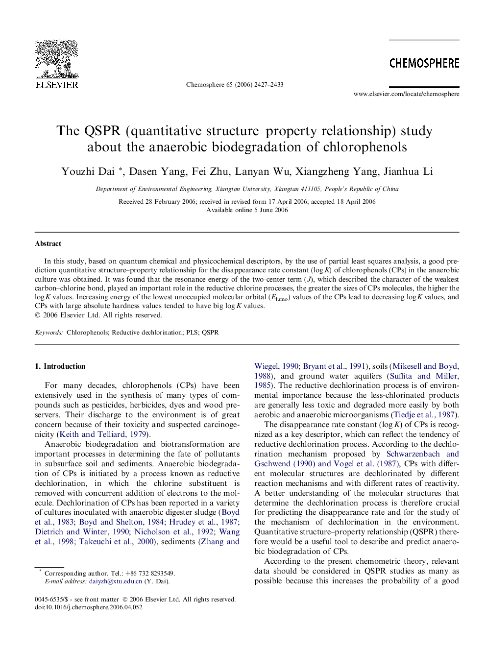 The QSPR (quantitative structure–property relationship) study about the anaerobic biodegradation of chlorophenols